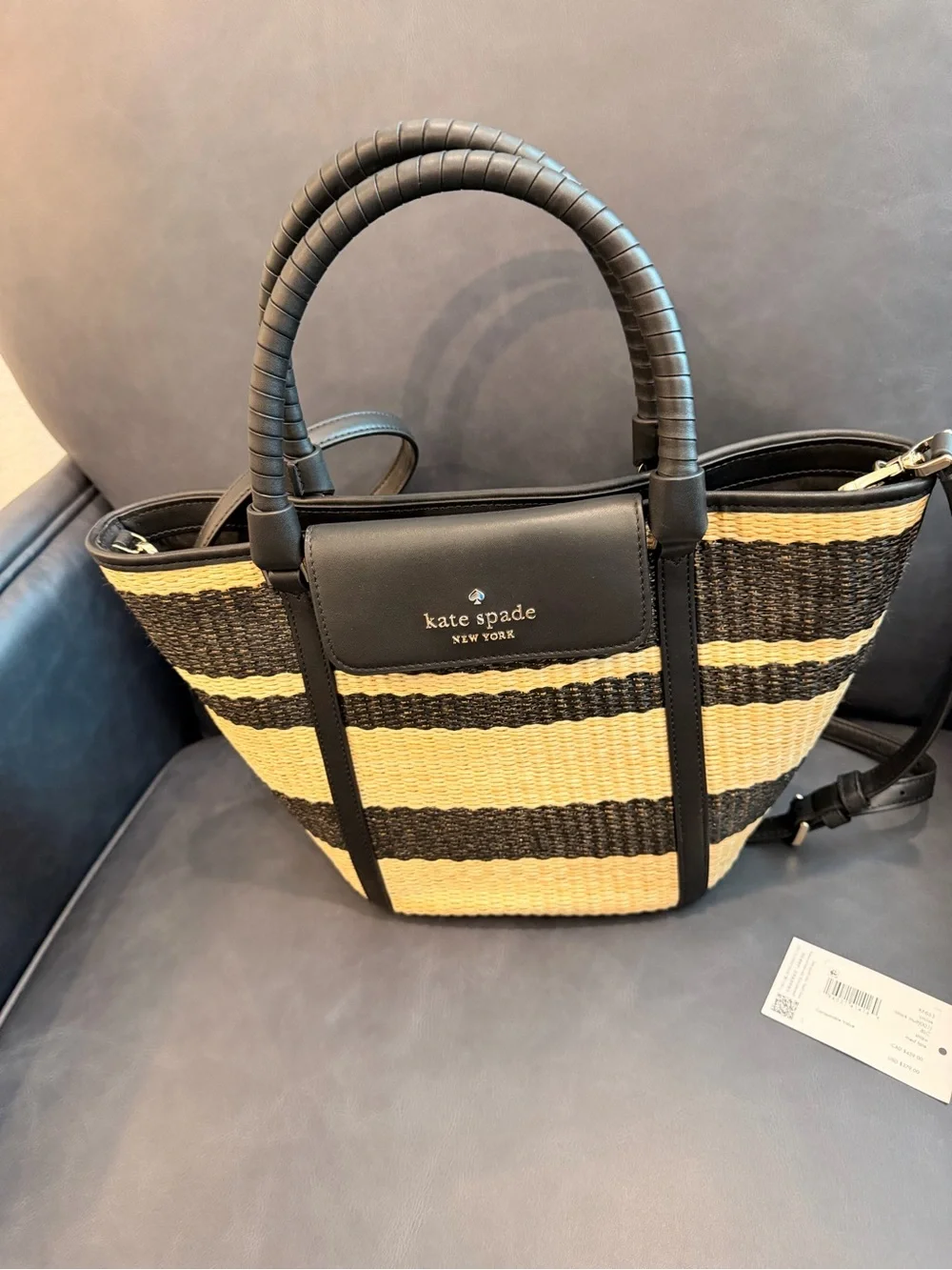 Like New kate spade Straw Tote in Black and Natural Stripe